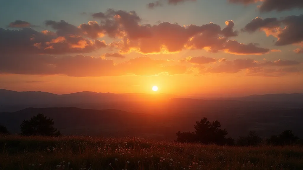 A landscape scene with a bright sunset