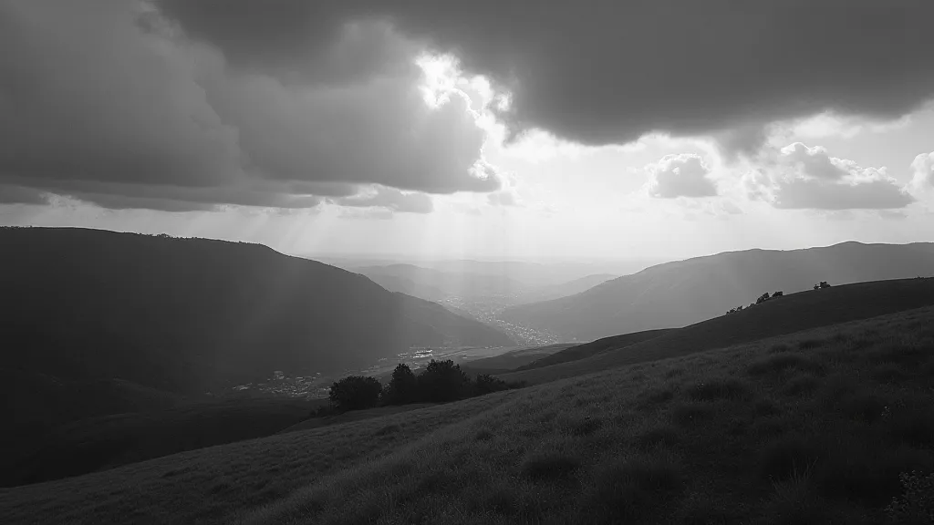 Black and white landscape with hills and sky