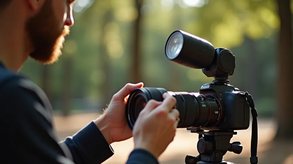 Photographer adjusting flash settings in a forest