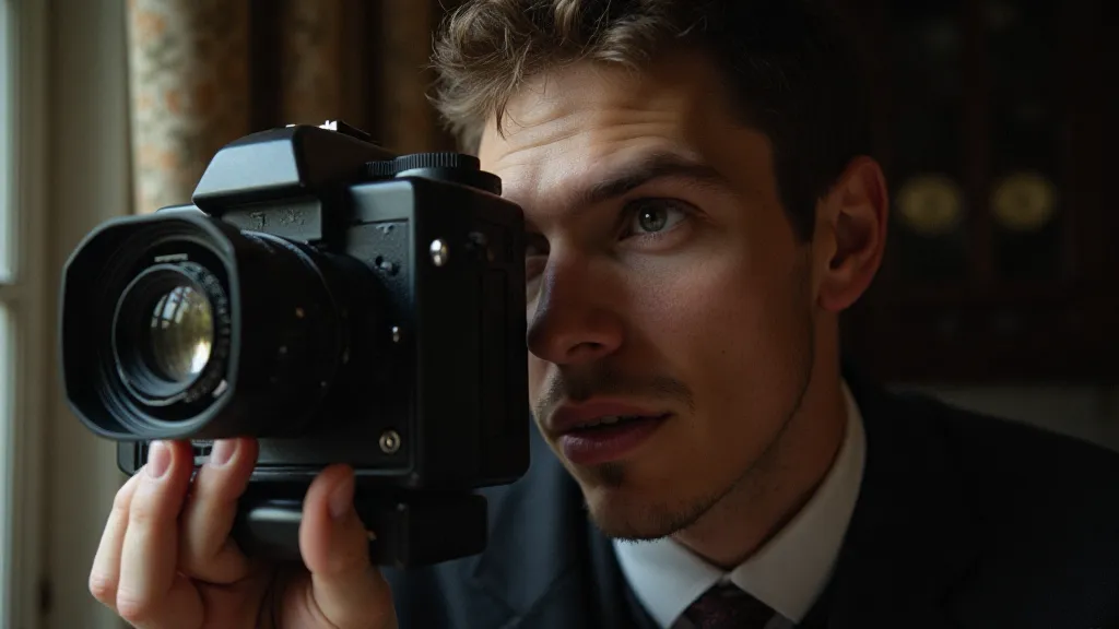 Photographer looking through camera viewfinder.