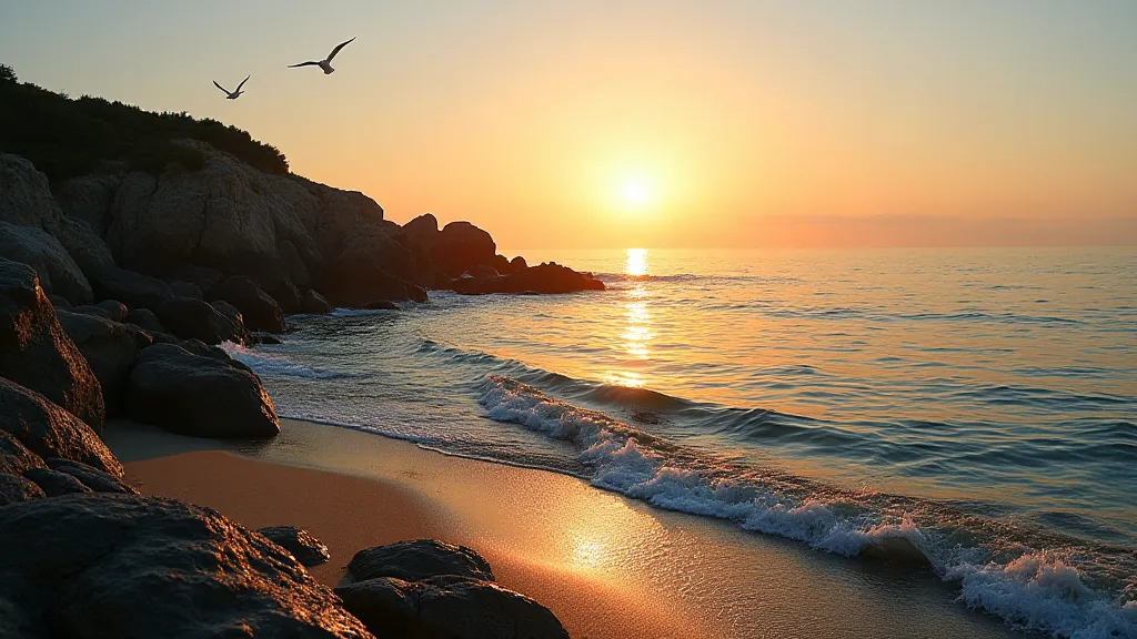 Rocky coastline at sunset, waves gently lapping on the shore