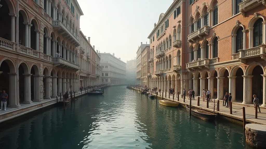 Symmetrical architecture with reflections in a canal