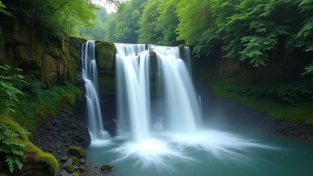 Long exposure of a cascading waterfall, showing the water as smooth flow