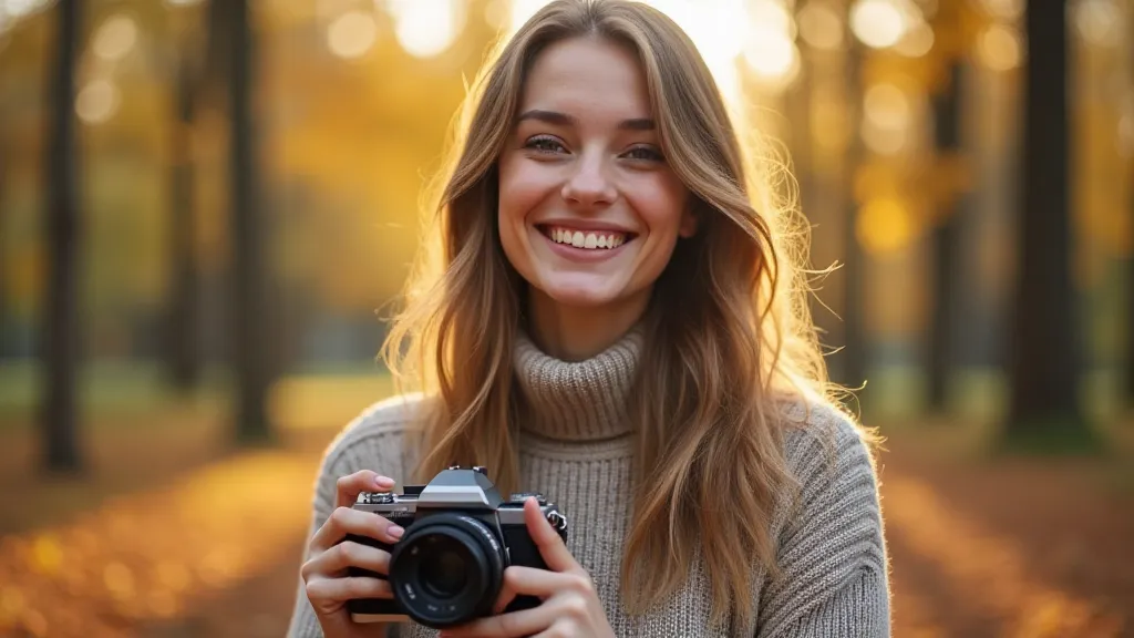 Woman holding camera in a blurred forest